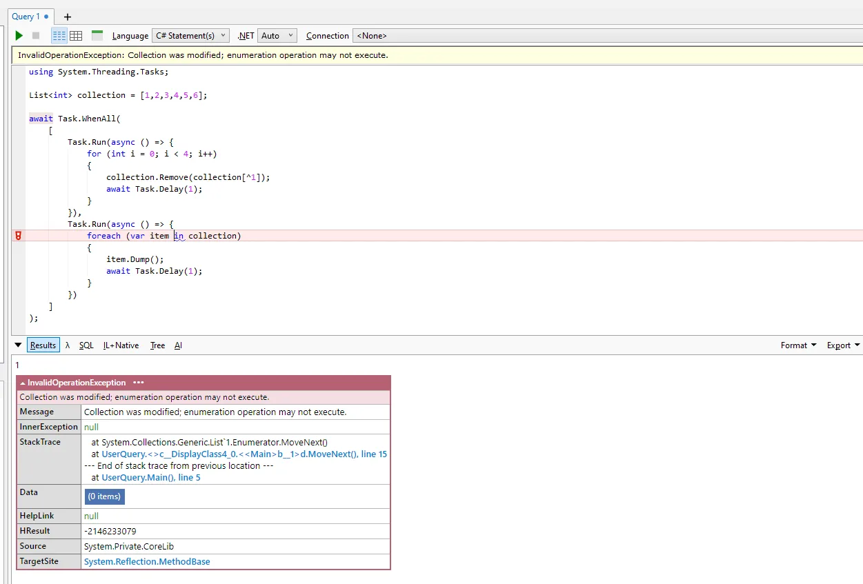 Linqpad shows us exception